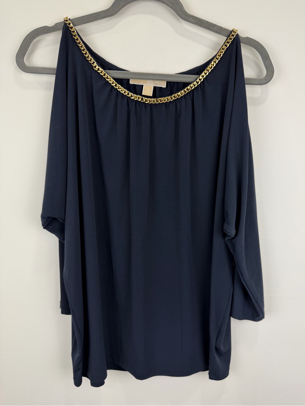 Michael Kors Cold Shoulder Chain Neck Dolman Blouse Navy L